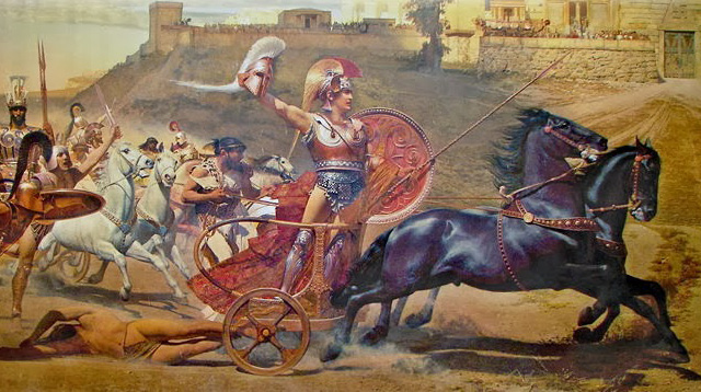 Los caballos Janto y Balio arrastran el carro de Aquiles quien pasea triunfal el cuerpo y cabeza del derrotado Héctor en el relato épico de la Iliada de Homero. 